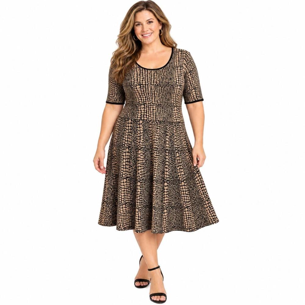 Luxe By Carmen Marc Valvo Sweater Dress Womens XL Brown Animal Print Fit Flare
